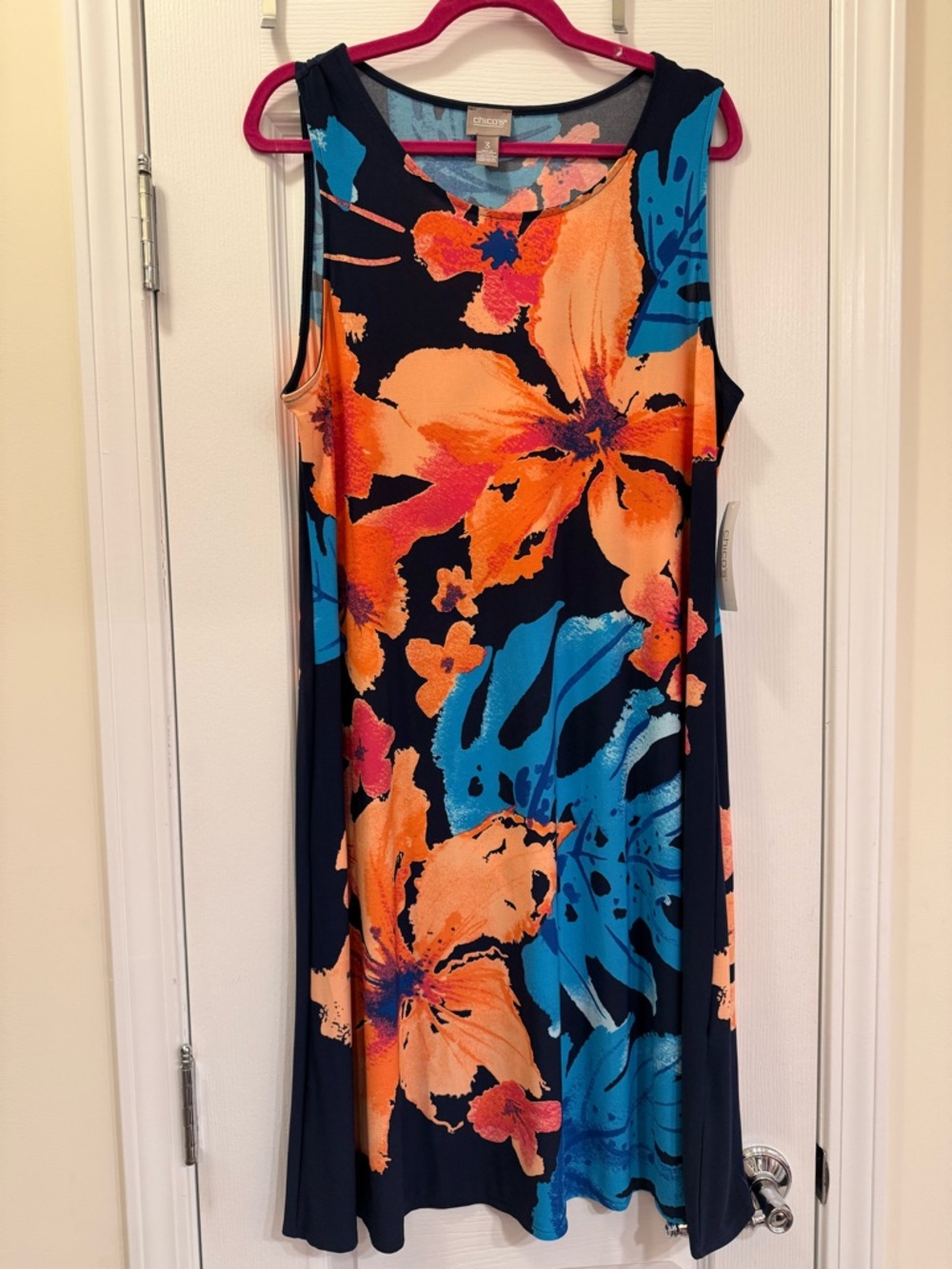 Brand New Chicos Navy Floral Sleeveless Scoop Neck  Dress